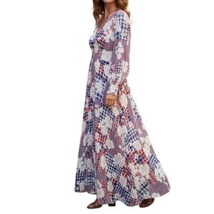 Gregg Draddy Vintage Maxi Dress Patchwork Floral Gingham Red White Blue Small
